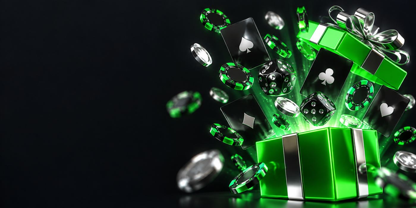 A glossy green gift box and a spray of green and black casino chips on a dark graphite stage