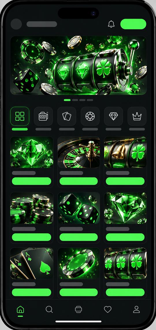 A smartphone showing a casino lobby with rows of game tiles and green buttons on a graphite screen