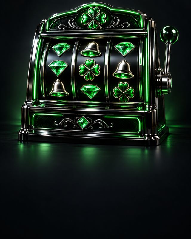 A glossy 3D slot machine with three reels and green neon trim on a dark graphite background