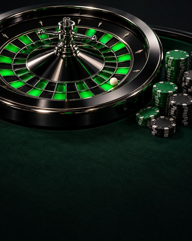 A roulette wheel with a chrome rim beside a stack of green and black chips on a graphite table