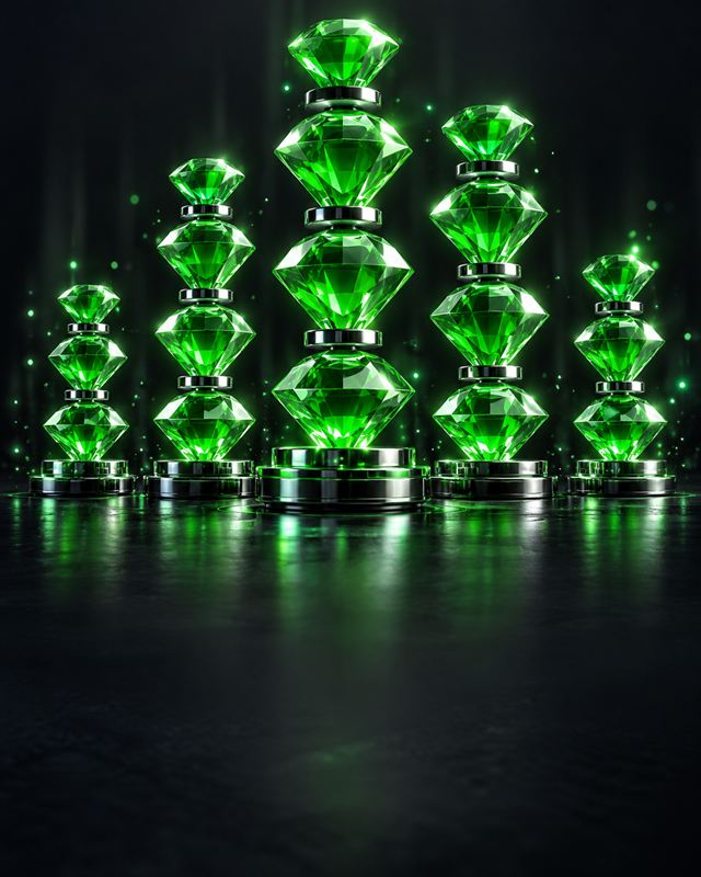 Glossy green gem columns rising to different heights on a dark graphite background