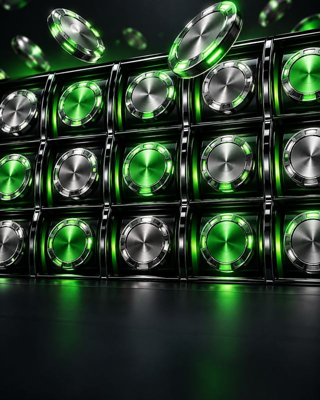 Silver and green coins locked in place on a grid of reels with a green glow behind them