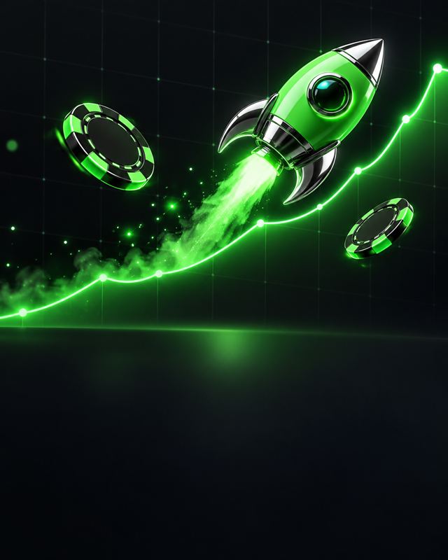 A small green 3D rocket climbing over a rising green line on a graphite screen